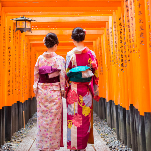 Dos mujeres japonesas de espaldas, vestidas con kimonos tradicionales, caminando entre los emblemáticos torii rojos del santuario Fushimi Inari en Kioto, Japón.